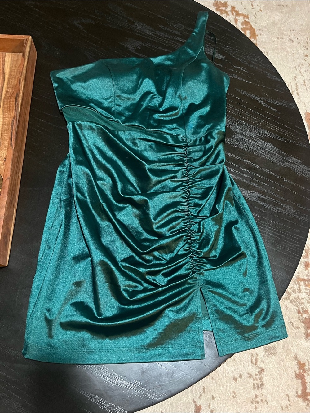 Windsor Teal One-Shoulder Ruched Satin Dress